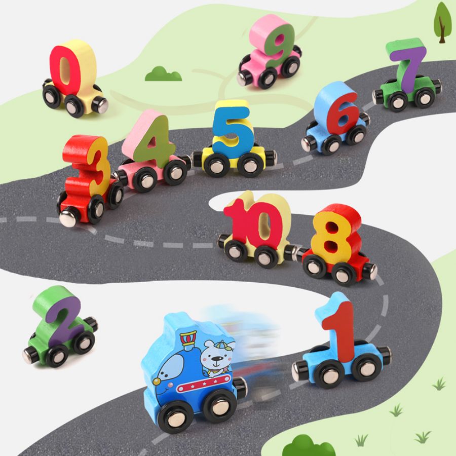 Montessori wooden number magnetic train toy for preschool kids